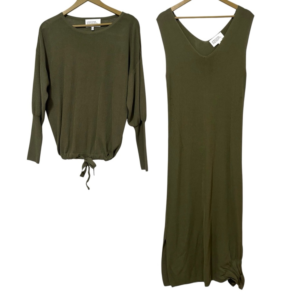 ICHI Olive Green Knit Maxi Dress And Sweater Set Size XS Relaxed Boho Laggenlook
